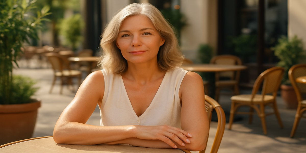 vrouw van rond de 50 met naturelle make-up geniet van de lentezon op een terras, ontspannen en goed beschermd tegen de zon